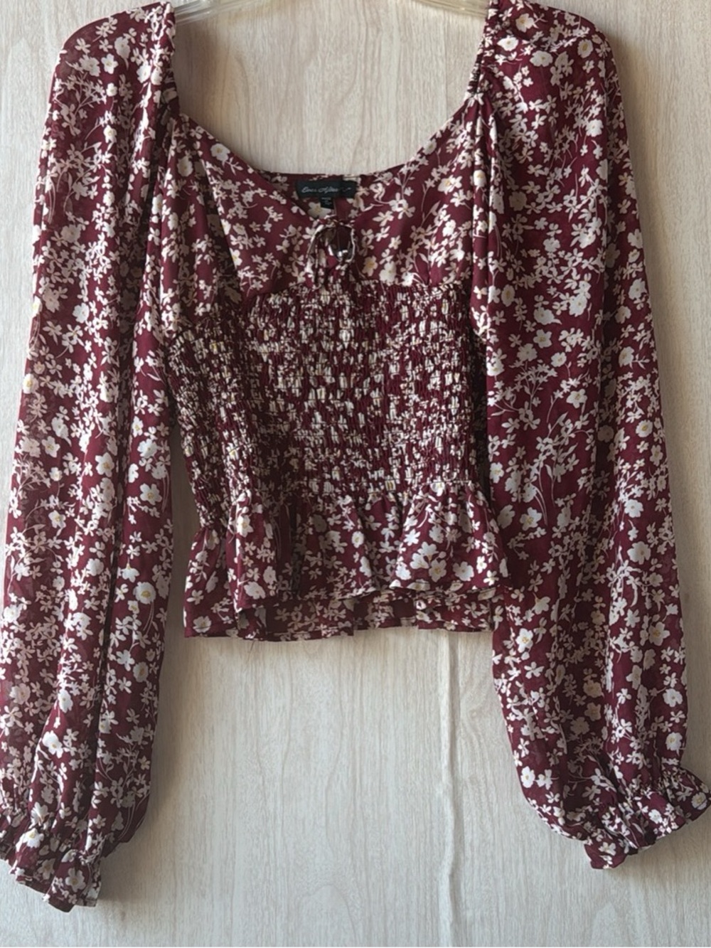 Smocked Floral Long-Sleeve Crop Top in Maroon